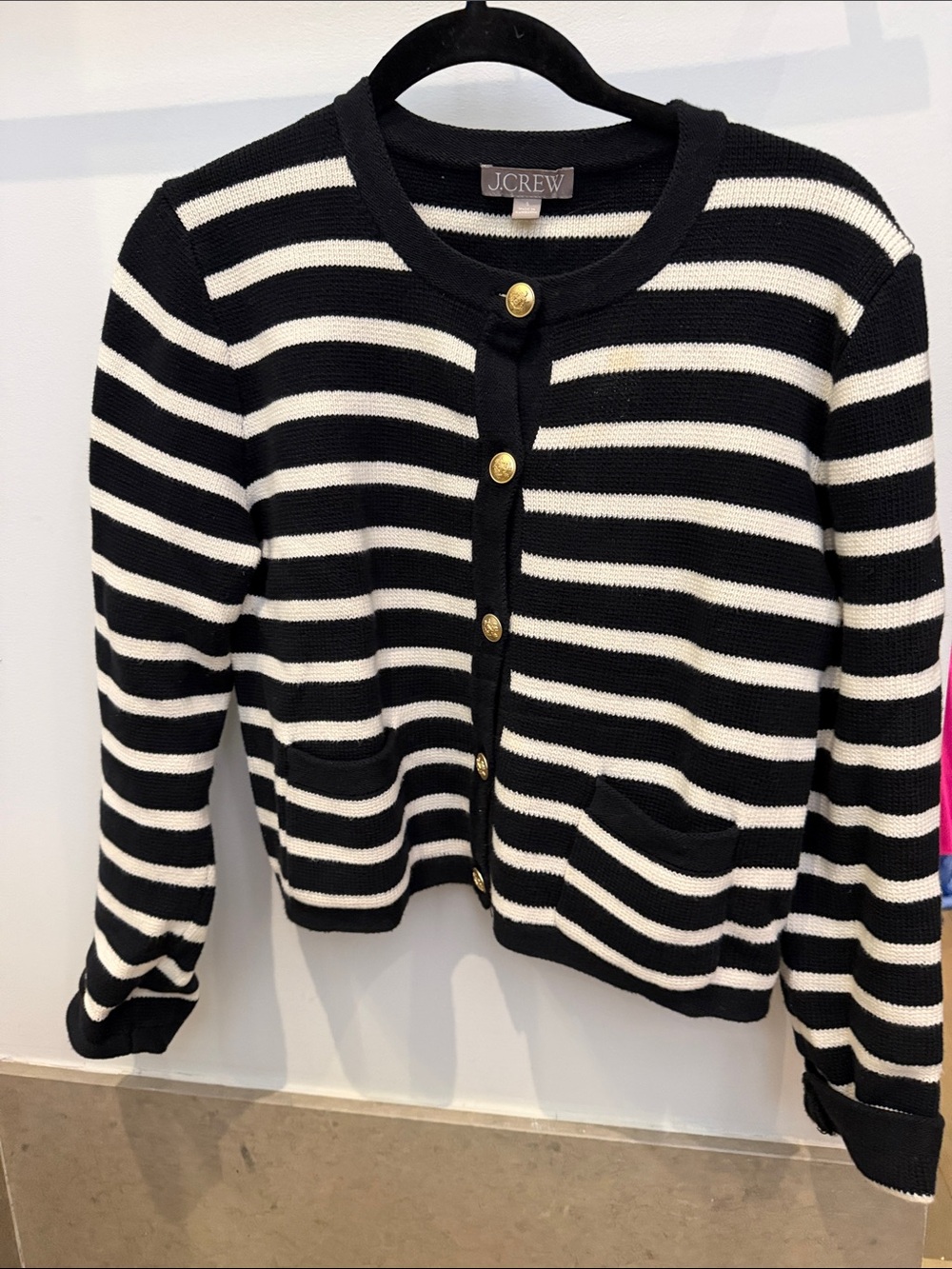 J. Crew Black and White Striped Button-Front Cardigan